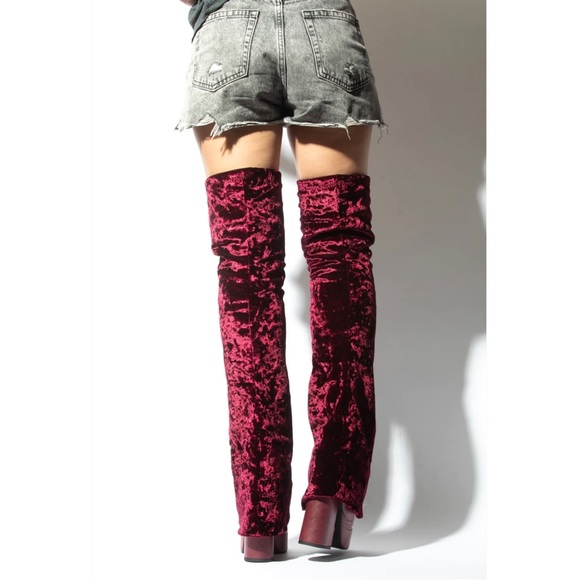 Mata Shoes Elvira Maroon Velvet Fold Over Thigh High Boots - Picture 2 of 3